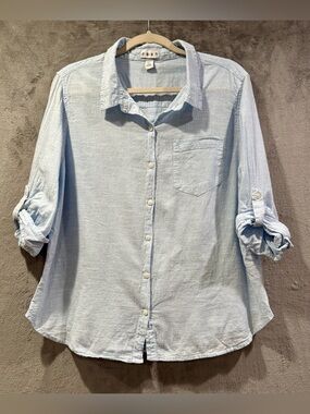 Dash Womens Petite XL Button Down Shirt Roll Tab Sleeve Cotton Blue Lagenlook